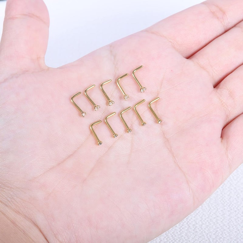 AccGin Store 6-10Pcs 18G 20G Nose Ring Surgical Steel Nose Rings Studs Piercing For Women Men 1.5mm 2mm 2.5mm 3mm Round Diamond CZ L Shaped Corkscrew Gold Black Silver Nose Piercing Hypoallergenic - Image 3